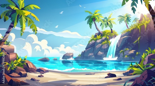 An illustration of a tropical seascape with sandy beach and palm trees. There is a waterfall on a rocky island  tropical green plants  waves washing the waters of the sunny coastline  and a summer