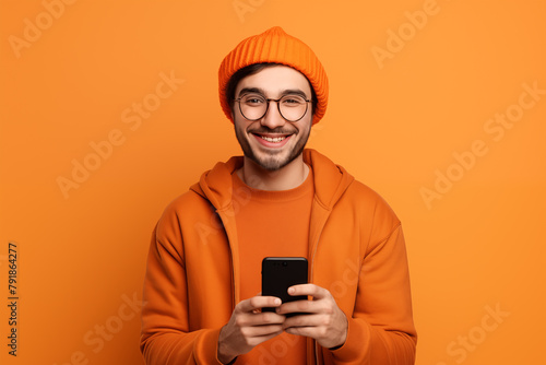Exuberant young man in a vibrant orange hoodie and beanie, glasses on, cheerfully using his smartphone, set against a matching orange backdrop. © Darya