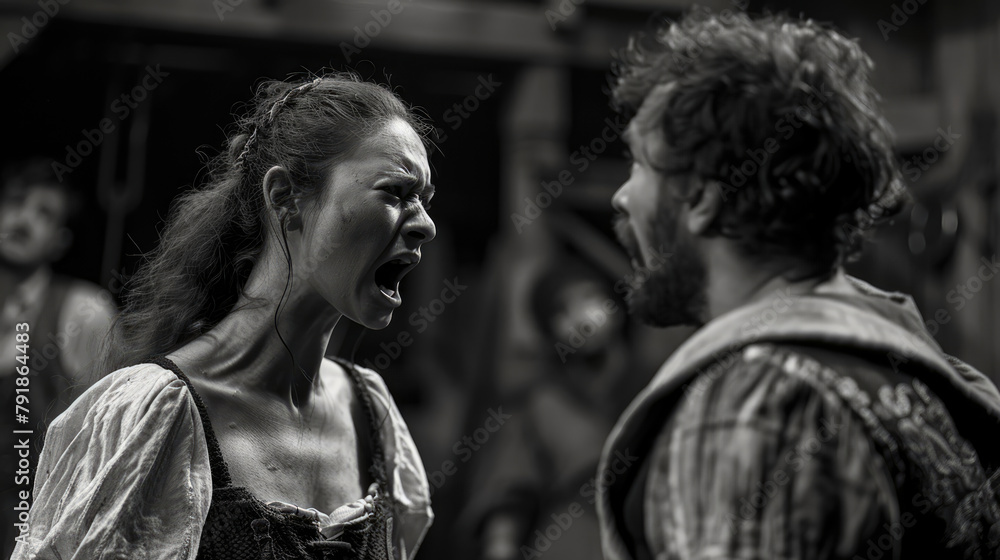 A woman is passionately expressing her emotions to a man in black and white A woman is passionately expressing her emotions to a man in black and white