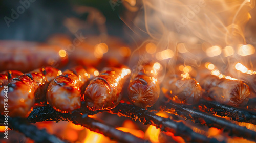 Close-up of juicy sausages on a hot grill.