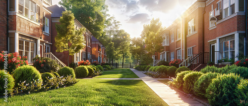Suburban Street in Summer, Green Lawns and Brick Houses, Peaceful Neighborhood in Sunny Weather