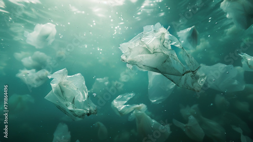 plastic bags floating in sea water, illustrating the severity of marine pollution with a focus on the impact on aquatic life.