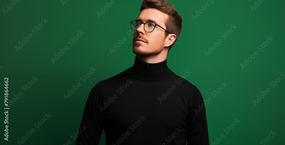 Fototapeta premium A thoughtful young man wearing glasses and a black turtleneck looks away against a green background, suggesting introspection and style.