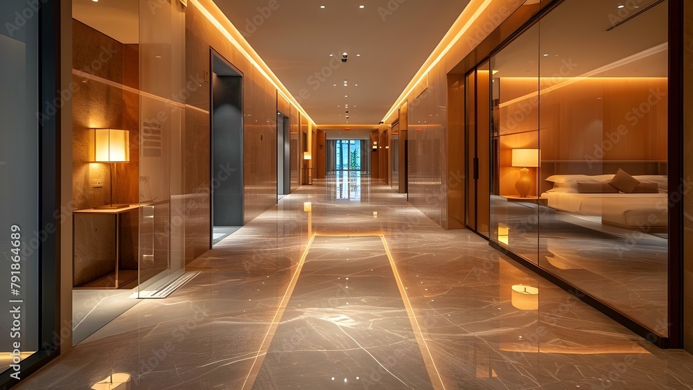Naklejka premium Modern hotel corridor with glass walls minimalist decor warm lighting and luxury. Concept Hotel interior design, Glass walls, Minimalist decor, Warm lighting, Luxury accommodations