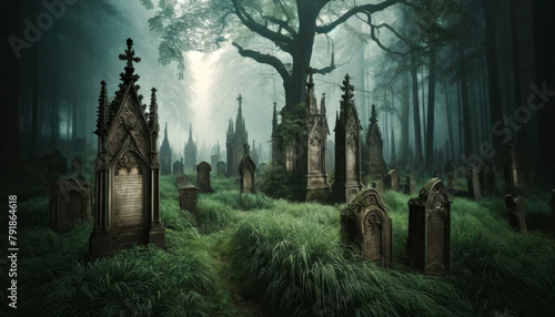 Mysterious Cemetery in Misty Woods.  World goth day. #791864618