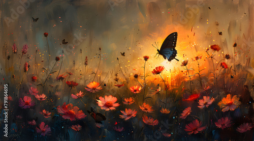 Shadows of Evening: Butterflies Dance Across Wildflower Fields at Sunset © Thien Vu