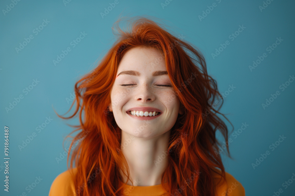 Vibrant image capturing a young ginger-haired woman blissfully smiling with her eyes closed, set against a soothing blue backdrop. Vibrant image capturing a young ginger-haired woman blissfully smiling with her eyes closed, set against a soothing blue backdrop.