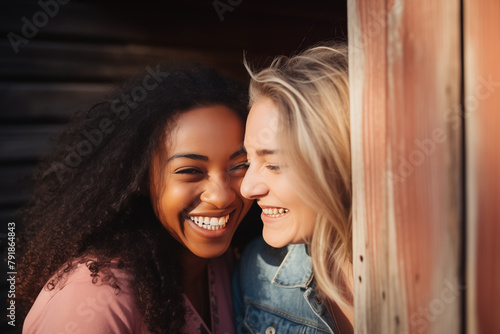 Two women leaning against a wooden backdrop, sharing a genuine moment of joy and laughter. Sunlight adds warmth to their casual denim attire.