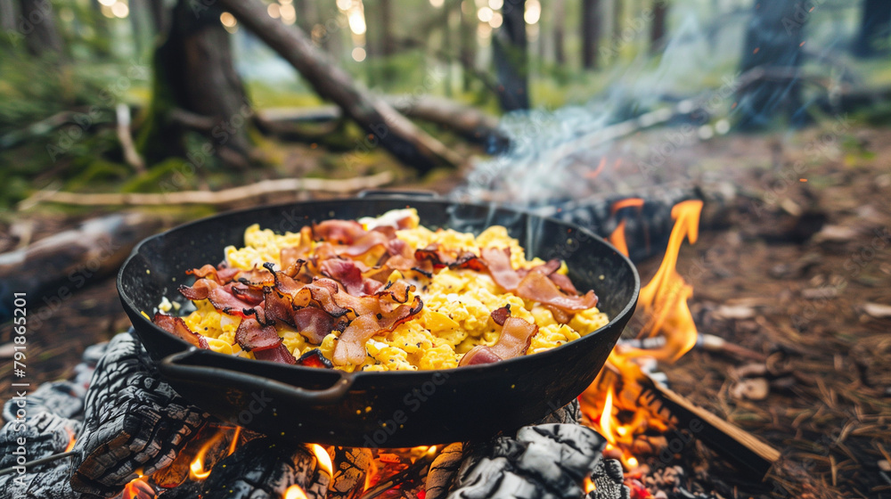 Scrambled eggs with bacon on a bonfire in the forest Scrambled eggs with bacon on a bonfire in the forest