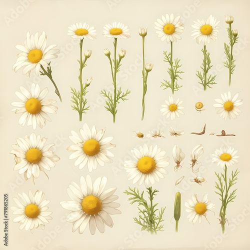 A captivating illustration showcasing the life cycle and beauty of daisies. This image captures the essence of nature's charm with its intricate details and diverse stages of growth.