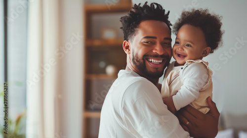 Happy young African American father with his little son at home. Fatherhood concept photo