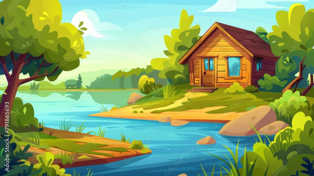 Stylish summer landscape with wooden cabin on tilts, green trees, bushes, and blue pond in forest with cute cozy house or hotel. Modern illustration of a peaceful summer landscape.