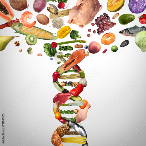 Food science and GMO foods or Genetically modified crops as engineered agriculture concept as nutrition and biotechnology and genetic manipulation through biology agricultural sciences as a DNA strand