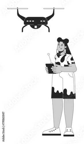 Latina woman controlling uav drone black and white 2D line cartoon character. Hispanic female with remote controller isolated vector outline person. Hobby monochromatic flat spot illustration