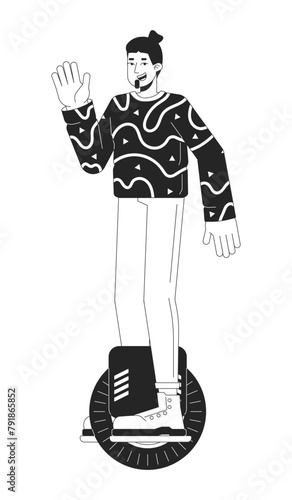 Happy guy riding electric unicycle scooter black and white 2D line cartoon character. Caucasian male isolated vector outline person. Gadget man greeting gesture monochromatic flat spot illustration photo