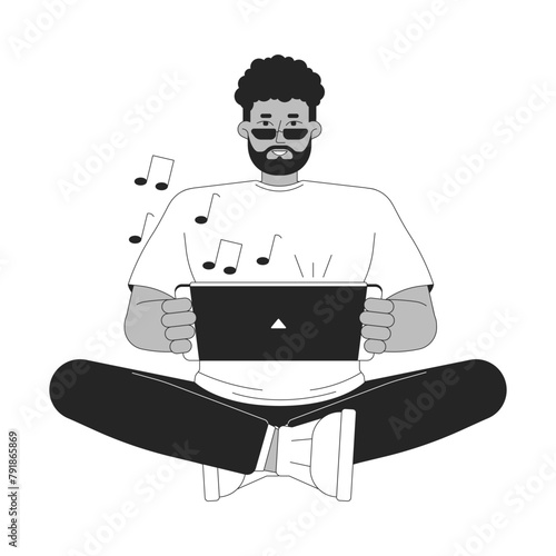 African american man enjoying gaming console black and white 2D line cartoon character. Gadget sunglasses man isolated vector outline person. Handheld device gamer monochromatic flat spot illustration