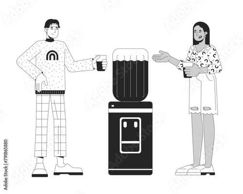 Diverse colleagues talking by cooler black and white 2D line cartoon characters. Office workers drinking water isolated vector outline people. Watercooler chat monochromatic flat spot illustration