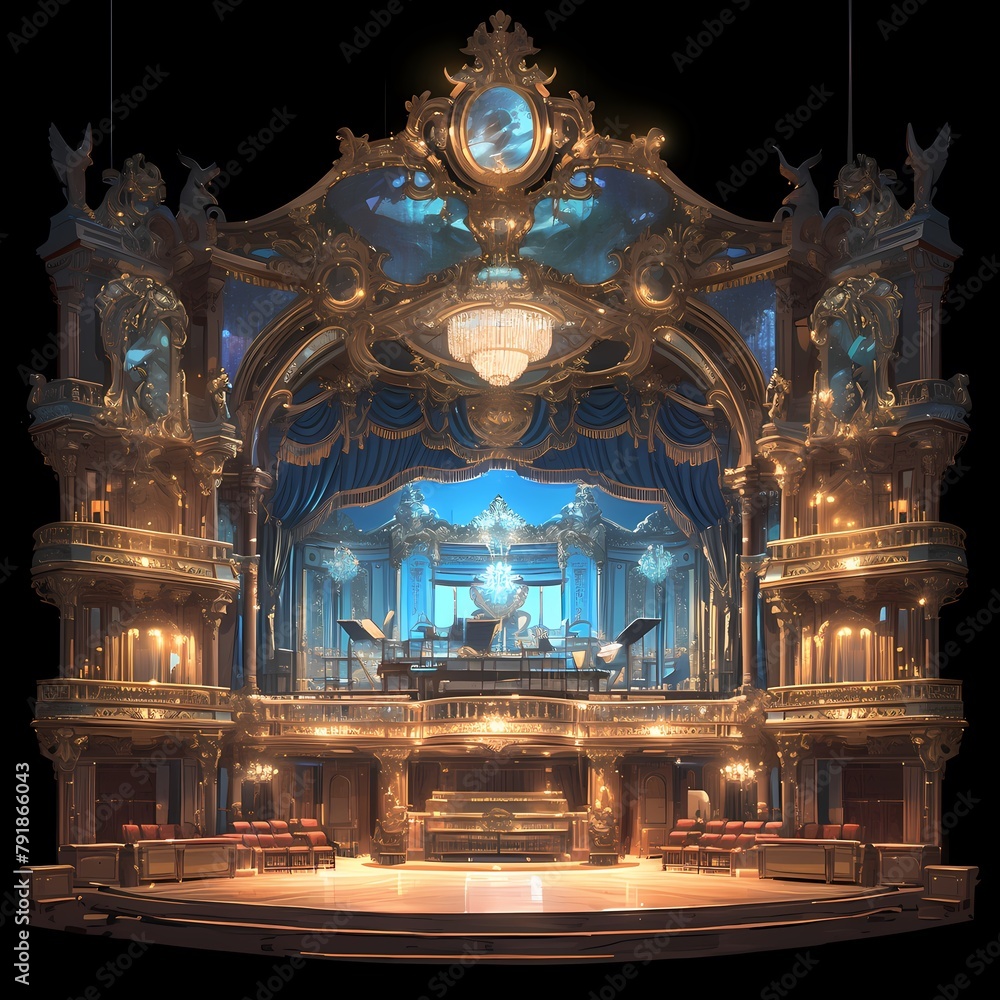 Elegant Opera House Interior - Stunning Gold Decor with Blue Accents and Crystal Chandeliers