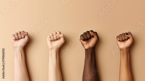 Raised fists of diverse skin tones stand against a warm background, symbolizing unity, strength, and solidarity across cultures and races.