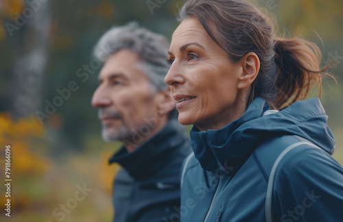 A mature couple, clad in outdoor wear, absorbs the beauty of an autumnal landscape, a picture of serenity and companionship amid nature.