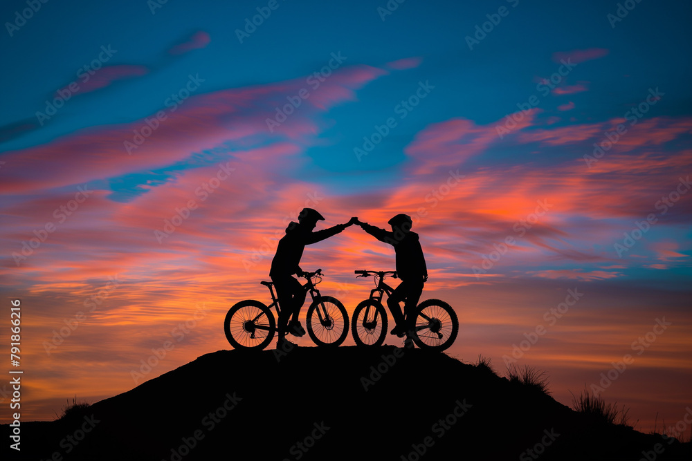 Obraz premium Two cyclists on a hilltop celebrate with a high-five against a backdrop of a spectacular sunset sky.