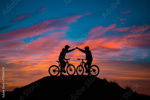 Two cyclists on a hilltop celebrate with a high-five against a backdrop of a spectacular sunset sky.