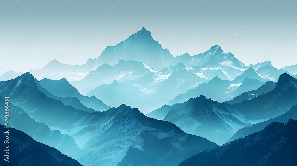 a gradient background blending from crystal clear to deep teal, depicted in high resolution against a majestic alpine vista.