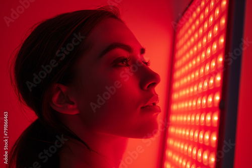 Side profile of a young woman bathed in the crimson glow of a red light therapy panel, exuding a sense of contemplation and wellness.