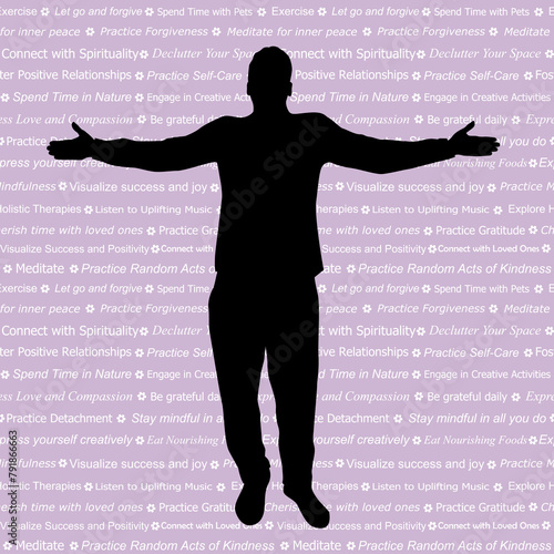Man silhouette enjoying life on a background with phrases that contain methods of raising vibration