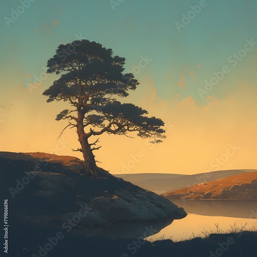 Serene Scenic View with Pine Tree Silhouette at Sunrise