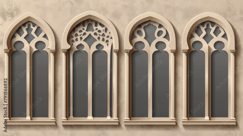 Arabic window frames on transparent background. Illustration of traditional islamic arch gates with empty insides, muslim mosque, arabian royal palace.
