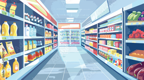 Supermarket interior flat vector illustration. Grocery