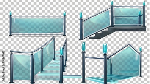 A set of glass handrails isolated on a transparent background. A modern realistic illustration of a 3D plastic barrier, stairs balustrade, plexiglass fence set on metal poles for home or office