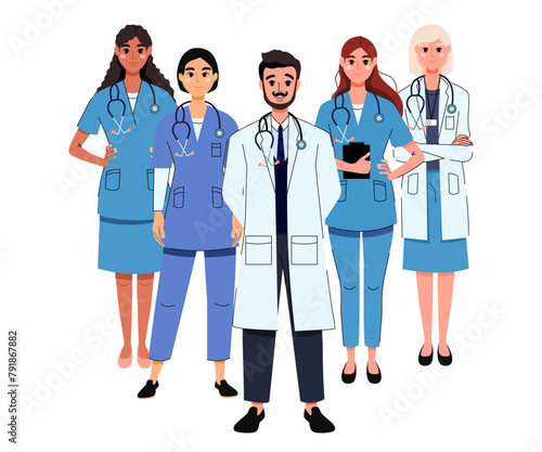 A medical team of male and female doctors and nurses. Hospital and clinic workers. Mental health. Treatment. Staff. International Doctor's Day. Science and teamwork. Isolated. White background