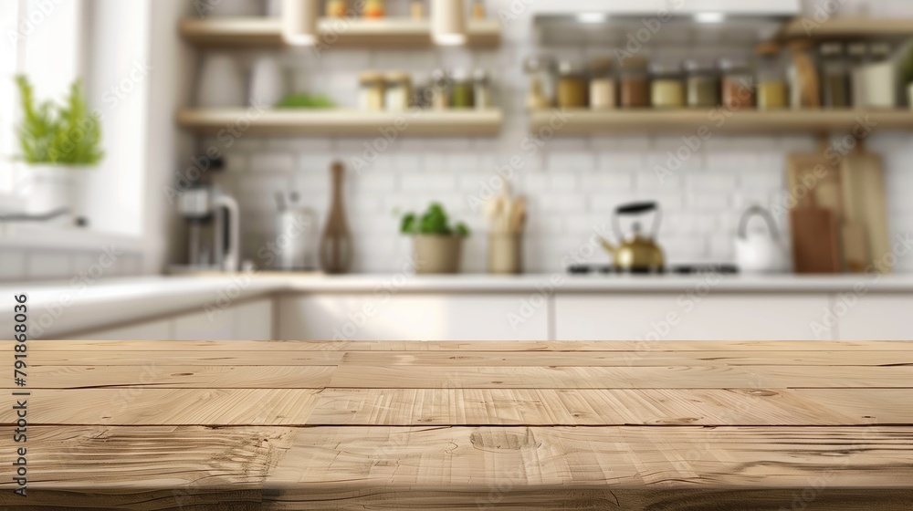 Spacious Kitchen with Wooden Tabletop and White Tiles Spacious Kitchen with Wooden Tabletop and White Tiles