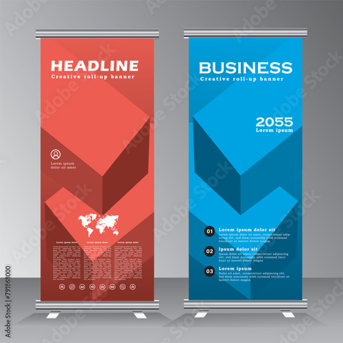 Blue and Red Business Roll Up Banner,  flat design template, Abstract Geometric banner Vector illustration set