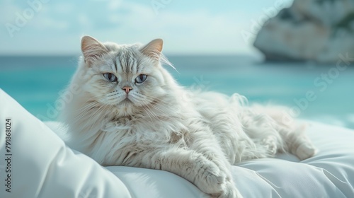 a fluffy white cat is laying on a white couch on the azzure sea beach. Generative ai photo