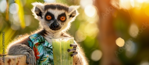Life's a Beach (and a Juice): A Lemur Relaxes on a Tropical Island. Generative ai photo