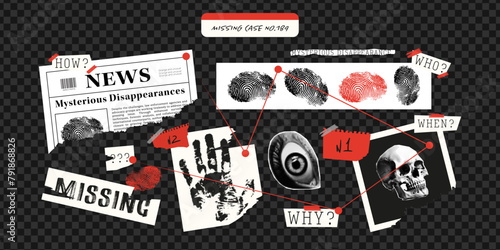 A detective board with crime investigation materials. Trendy grunge collage, torn paper, newspaper, halftone collage, fingerprints. Checkered png background. photo