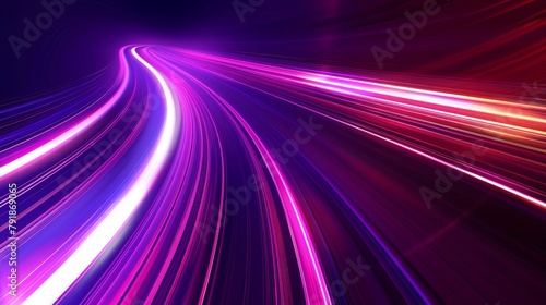 Modern illustration of abstract neon red and purple rays in circular motion on black background with a perspective of a space travel route, explosion energy warp, and a modern realistic illustration