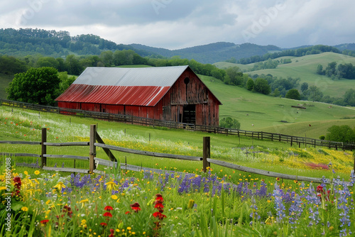 A picturesque country barn nestled among rolling hills and fields of wildflowers.