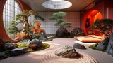 Modern Zen Garden Interior with Bonsai Trees and Rock Arrangement