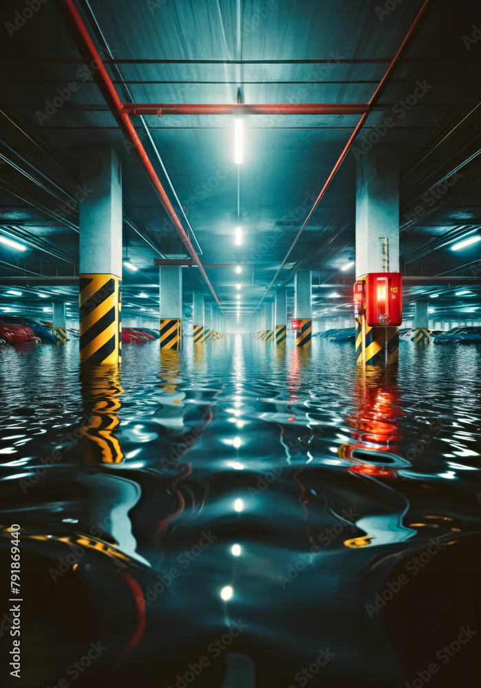 Underwater Parking Lot. Submerged Cars in Flooded Parking. Flood ...