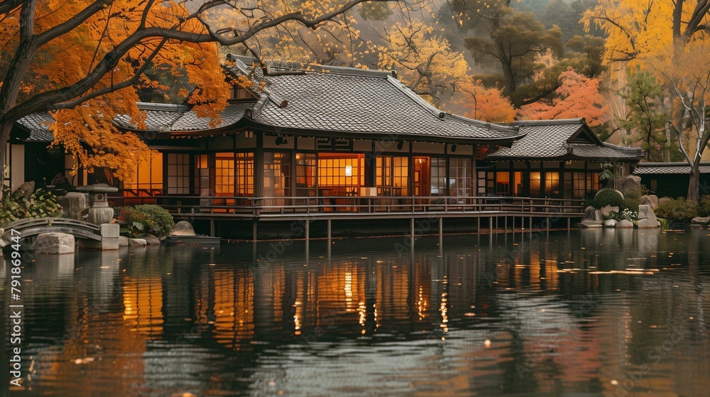 Fototapeta premium Traditional Japanese House with Autumn Foliage Reflection on Water