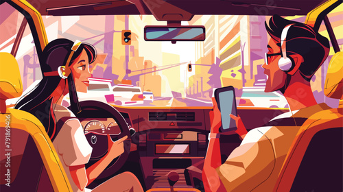 Taxi driver and young woman sitting in front seat  photo