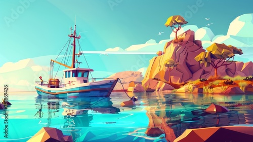 Fish boat floating in clear blue water of lake, sea or ocean. Cartoon marine sunny landscape with fisherman ship on horizon. Modern illustration of vessel.