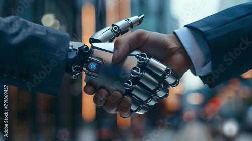 a handshake between a human and an AI robot represents humans and AI working together in doing business, AI helps make human work easier photo
