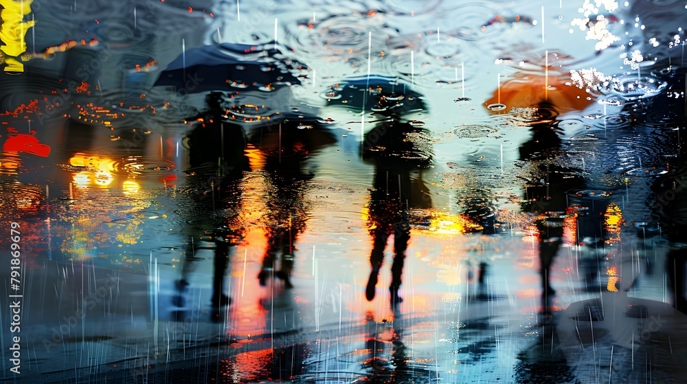 Rainy Cityscape With Vibrant Umbrella Reflections and Silhouetted Commuters in Expressive Brushwork