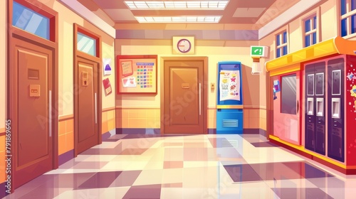 A cartoon modern illustration of a corridor interior of a school building with doors leading to classrooms, lockers, vending machines, a noticeboard with a bulletin board and bell.