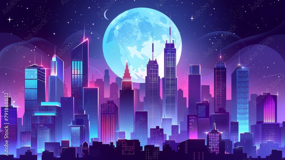 An illustration of a night city with a full moon and starry sky. Illustration of skyscrapers with neon windows, a cloudy midnight skyline, high-rise office buildings, and a busy downtown area.